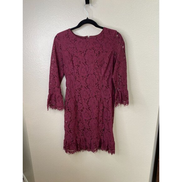 Lulus Womens Burgundy Floral Lace Mini Dress S 3/4 Sleeves Scalloped Hem Cotton - Picture 1 of 7